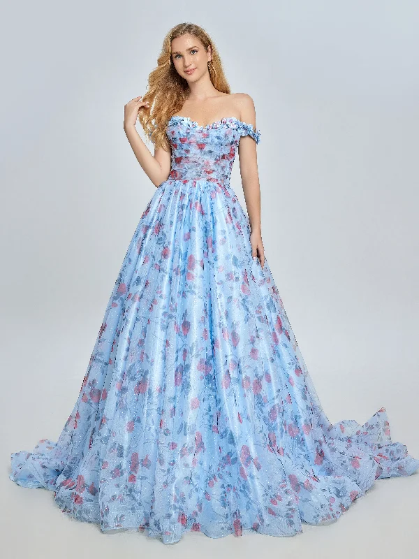 backless evening dress-Elegant Off Shoulder Floral Printed Sweep Train Prom Dress YE3023