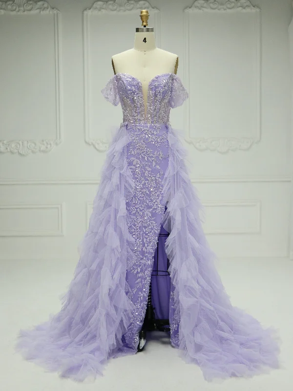 evening dress with crystal embellishments-Elegant Off The Shoulder Embroidery Lace tulle Lilac Prom Gown with Detachable Train YE2540