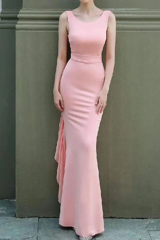 modest evening gown-Elegant Sleeveless Mermaid Prom Gown with Ruffles, Cheap Backless Long Evening Gown      S5144