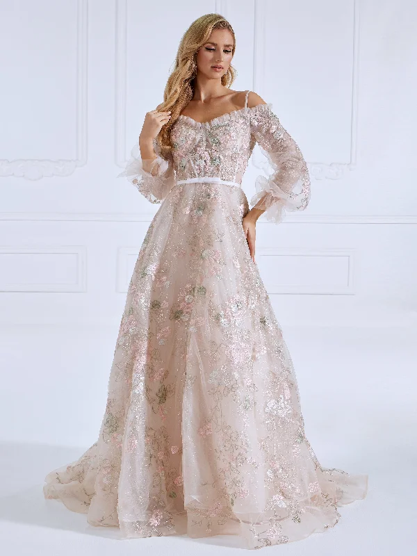 layered evening dress-Embroidery Lace Bodice Long Sleeves Prom Dress #js090