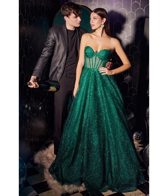 off-the-shoulder evening dress-Cinderella Divine  Emerald Glitter Strapless Corset Prom Gown