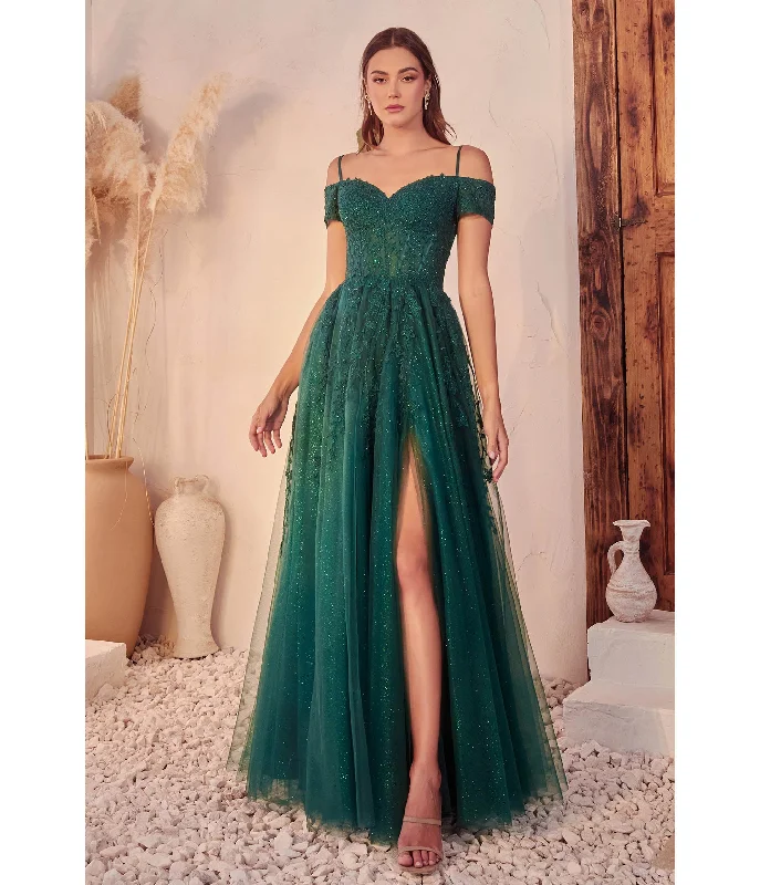 evening dress with sleeves and lace-Cinderella Divine  Emerald Glitter Tulle Off The Shoulder Applique Slit Gown