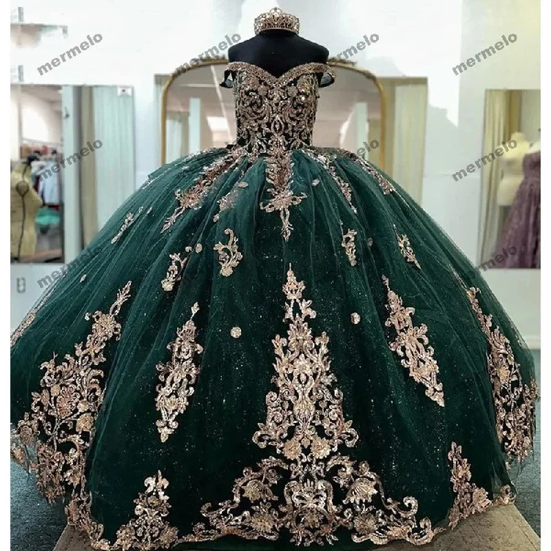 evening dress with appliqués-Emerald Green Ball Gown Quinceanera Dresses Gold Appliques Off Shoulder