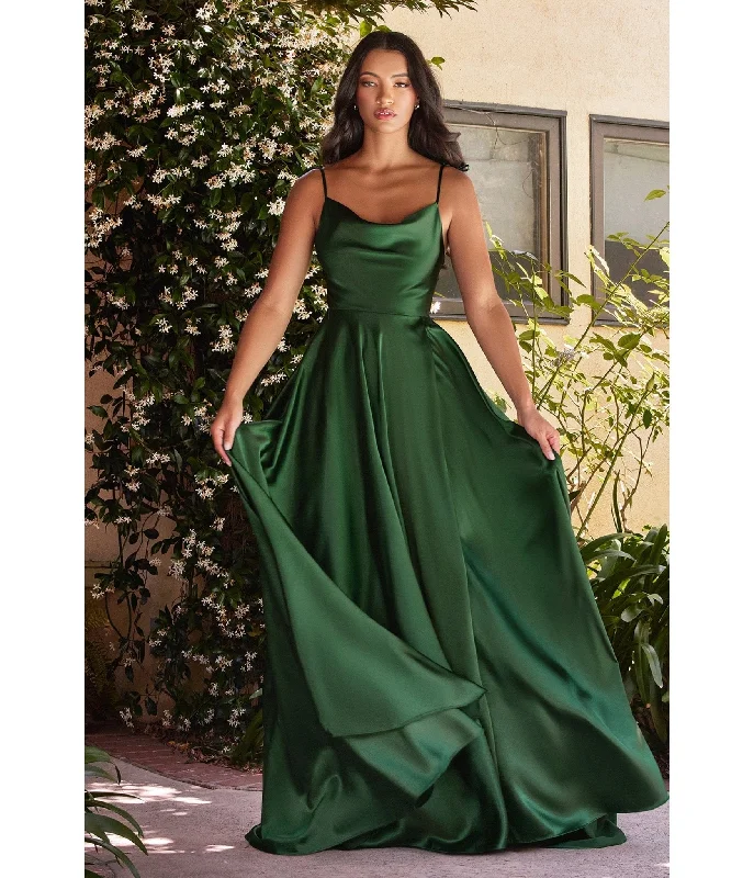 elegant evening dress with sleeves-Cinderella Divine  Emerald Liquid Satin Prom Gown