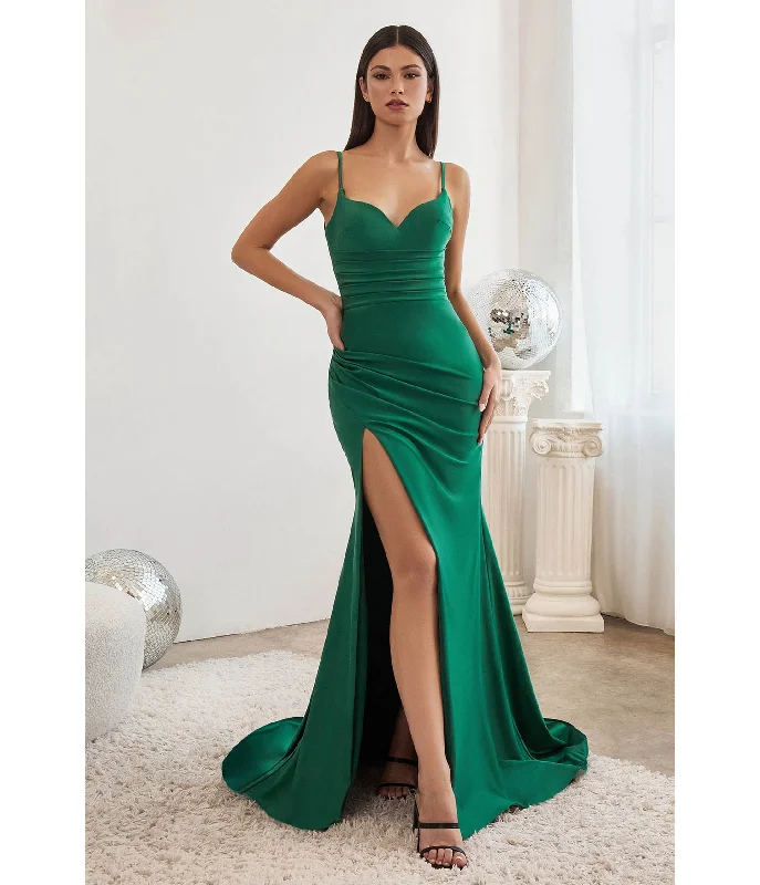 metallic evening dress-Cinderella Divine  Emerald Ruched Satin Slit Prom Gown