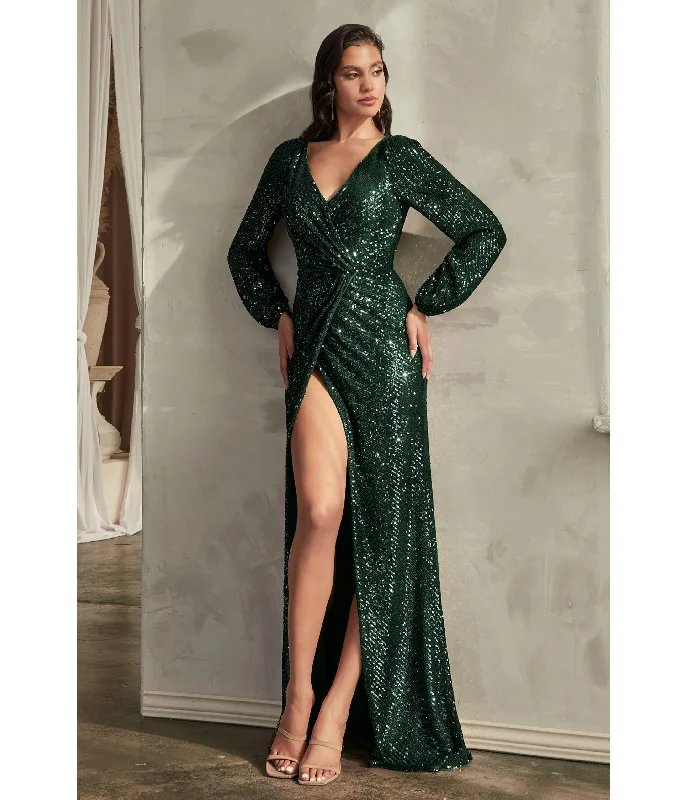 velvet long evening dress-Cinderella Divine Emerald Sequin Long Sleeve Slit Evening Gown