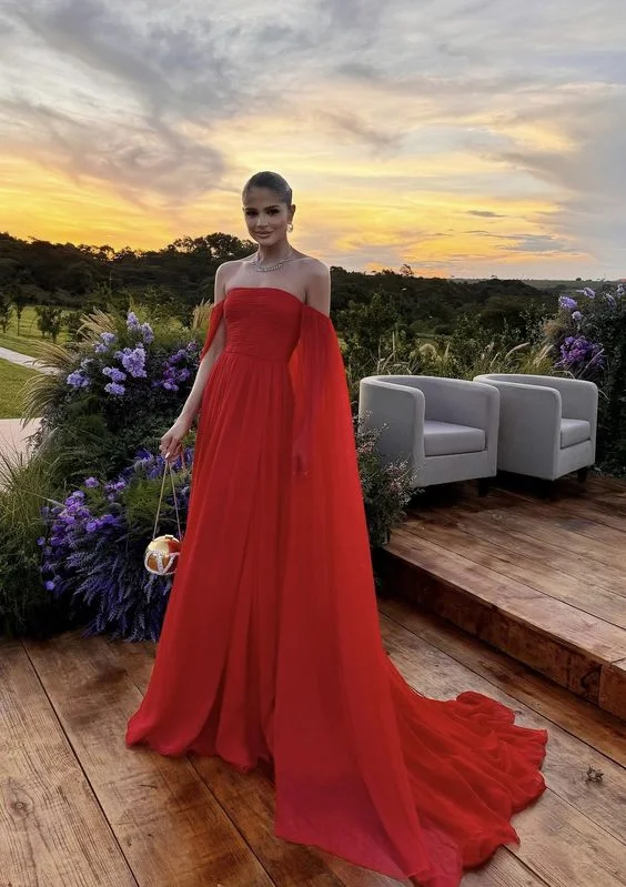 elegant satin evening gown-Evening Dresses Off Shoulder Long A Line Prom Dress Elegant Chiffon Formal Party Dress with Train      S5390