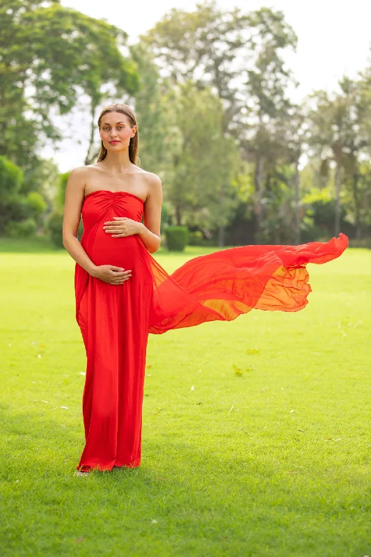 satin evening gown-Luxe Cherry Red Off-Shoulder Trail Maternity Photoshoot Gown