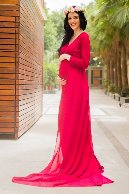 evening dress with ruffles-Exclusive Cherry Red Trail Maternity Photoshoot Gown