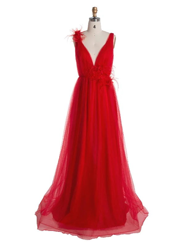 elegant cocktail evening dress-Feather-Flower Long Red Tulle Prom Dress YE3016