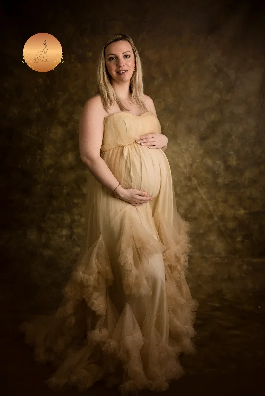 off-the-shoulder evening dress-Maternity Photoshoot Dresses - Float - Champagne Tulle Gown - 4 DAY RENTAL