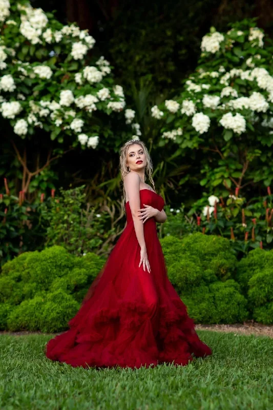 floral print evening dress-Dress Hire - Maternity Photoshoot Dresses - Float - Red Tulle Gown - 4 DAY RENTAL