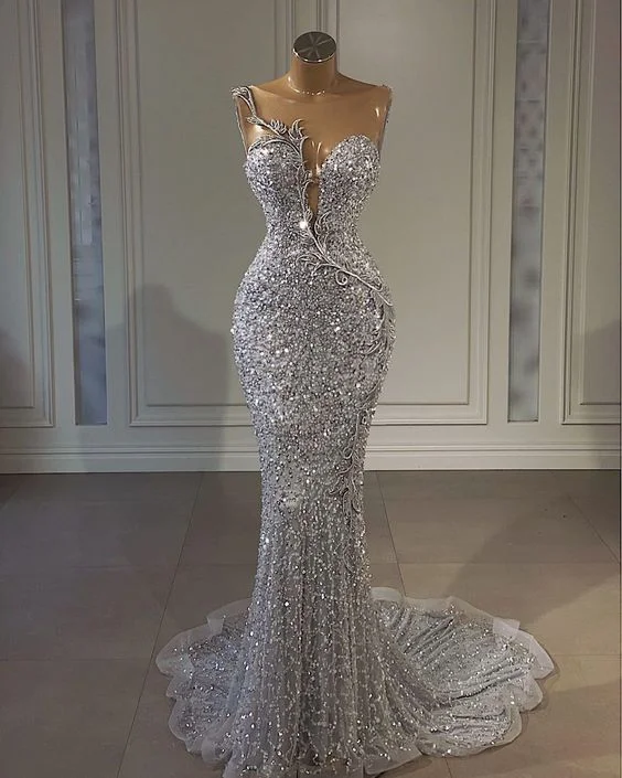 fit and flare evening dress-Floor Length Mermaid Silver Prom Dress        S3757