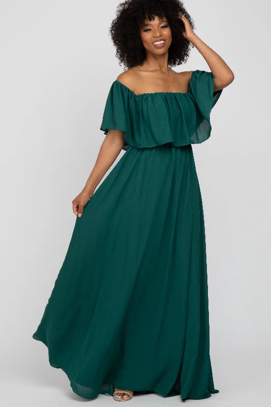 evening dress with high-low hem-Forest Green Chiffon Off Shoulder Gown