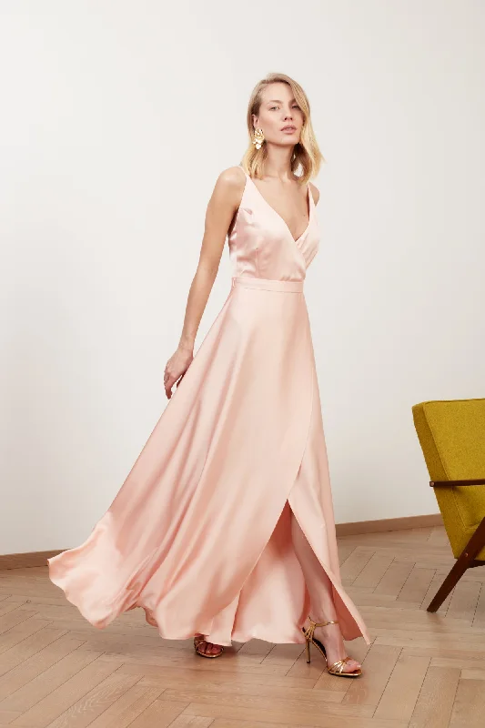 evening dress for black-tie events-FREYA coral satin long evening dress