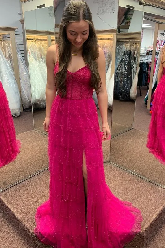 sequined formal evening dress-Fuchsia Beaded Layers Spaghetti Straps Long Prom Dress     S5140