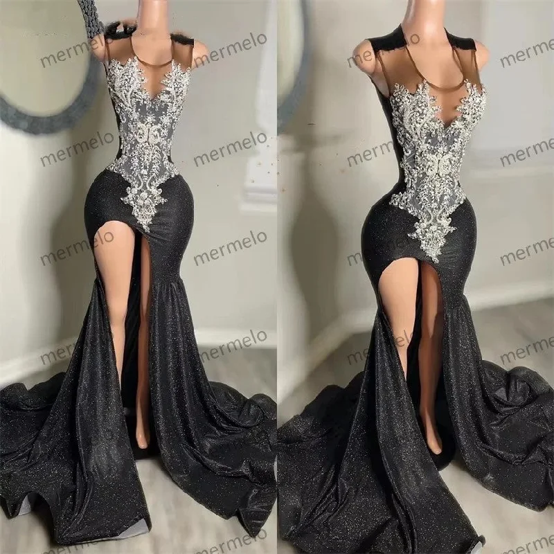 formal red evening dress-Glitter Black Lace Mermaid Prom Dresses Beading Side Split