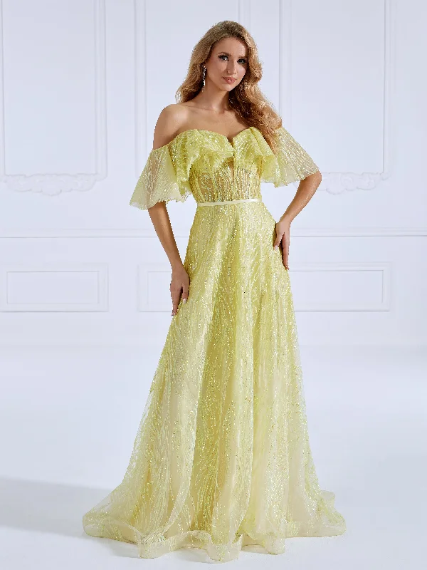 formal evening gown-Glitter Off The Shoulder A line Gown Yellow Prom Dresses #17595