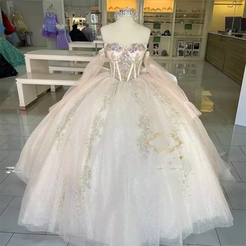 off-the-shoulder evening dress-Glittering Crystal Quinceanera Dresses Long Off Shoulder Sleeves Princess Dress Party Gowns Vestidos De 15 Anos