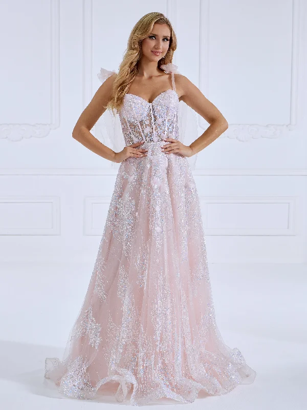 flared evening dress-Glittle Tulle Appliques Pink Prom Dresses Sweetheart Tie Straps Formal Party Gowns #18079