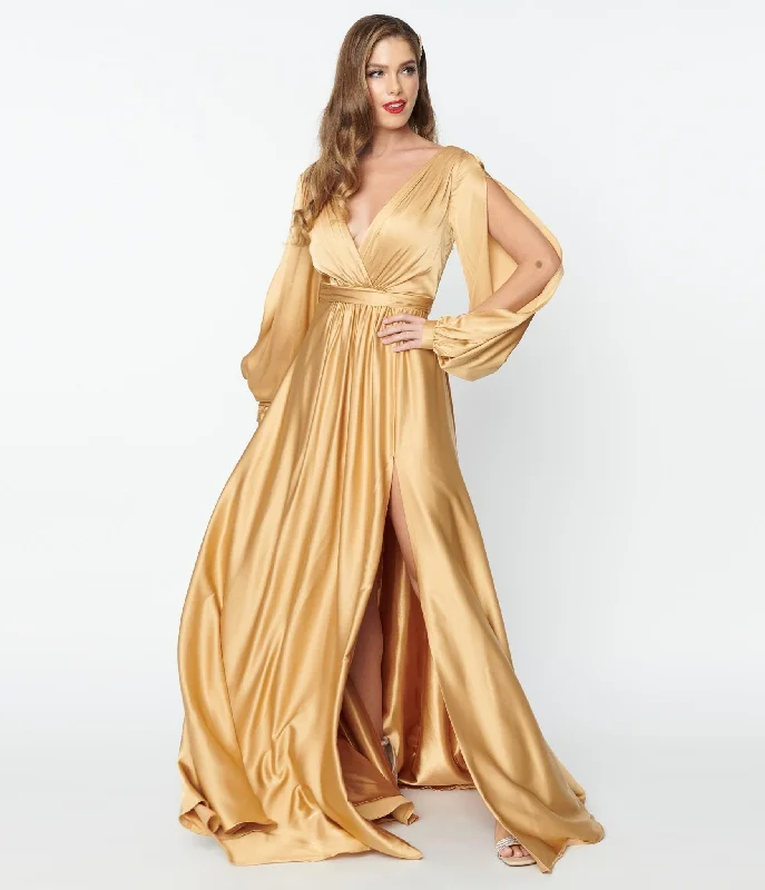 mermaid evening gown-Gold Satin Long Sleeve Goddess Gown