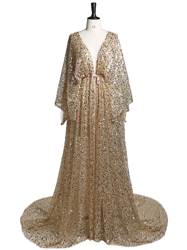 mermaid evening gown-Gold Sequin with Pearls Maternity Gowns for Photoshoot Stretch Waist Pregnancy Photography Robe Baby Shower Dress YD21820