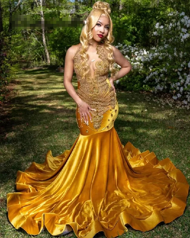 flared evening dress-Gold Velvet Beaded Crystals Rhinestone Prom Dress For Black Girls Mermaid Ladies Dresses For Special Occasions Party Gowns