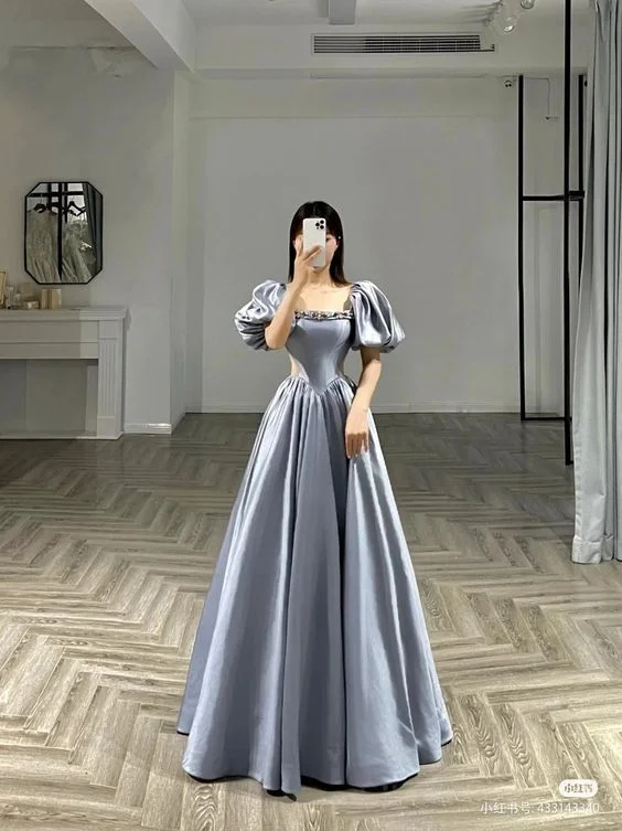 spaghetti strap evening dress-Gray Prom Dresses, 2023 Prom Dresses, Long Prom Dresses     S1443