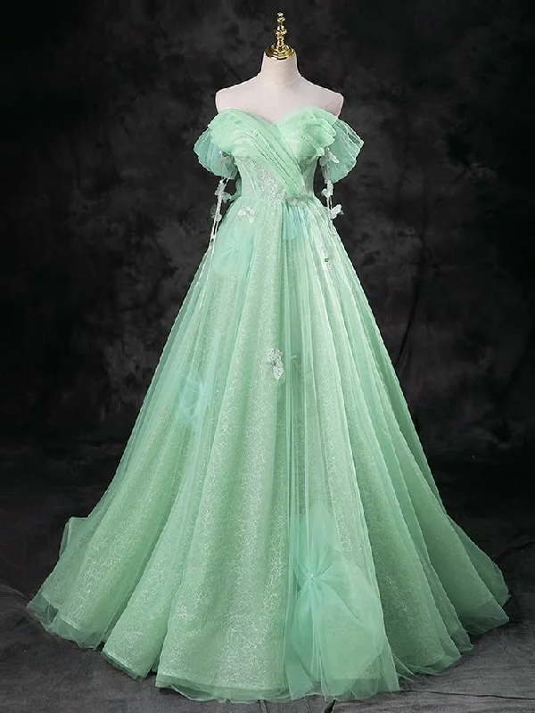 elegant long sleeve evening gown-Green A-Line Off Shoulder Tulle Long Prom Dress, Green Long Formal Dress      S5391