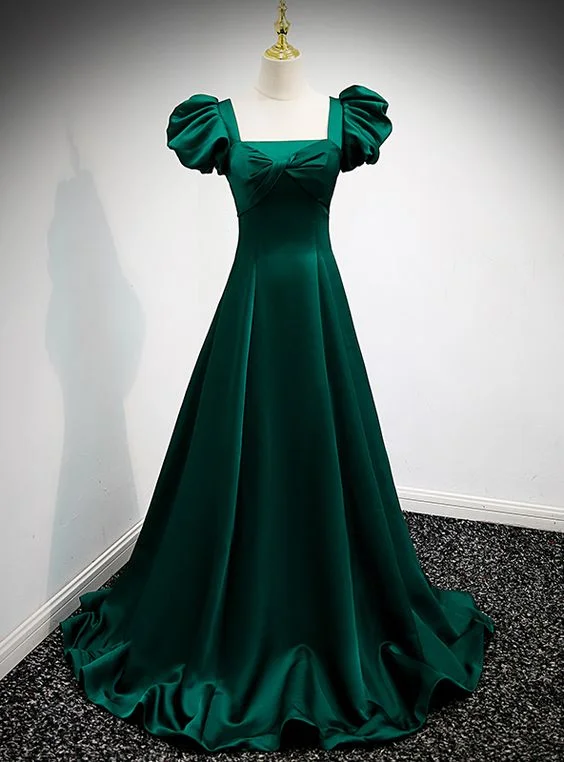 evening dress with bow detail-Green Satin Square Puff Sleeve Pleats Prom Dress       S5314