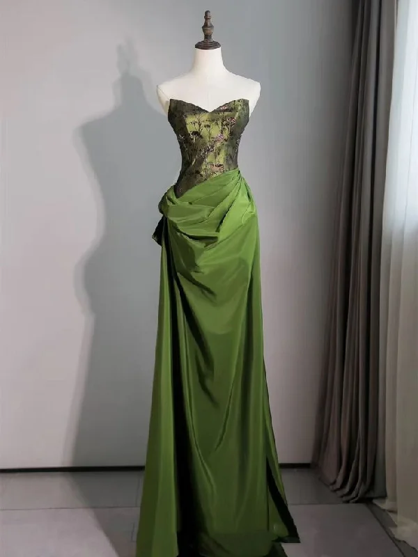 cap sleeve evening dress-Green Strapless A Line Satin Long Prom Dress Retro Evening Gown       S5623