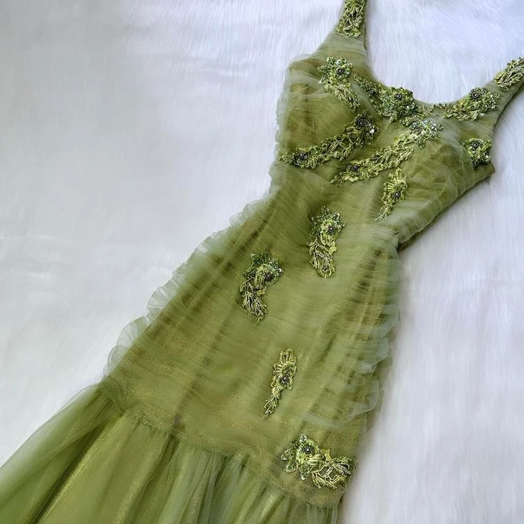 evening dress for prom-Green Straps Long Formal Party Dress Tulle Long Prom Dress       S5919