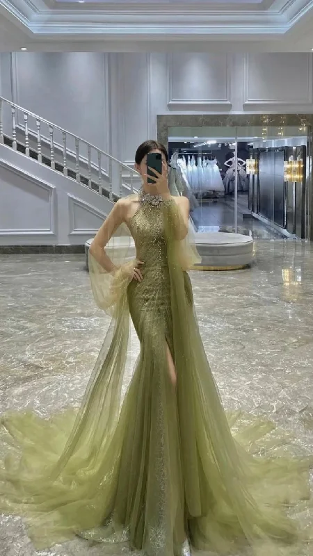 jewel neckline evening dress-Green Tulle Evening Dress,Long Prom Dress,Elegant Prom Gown       S5856