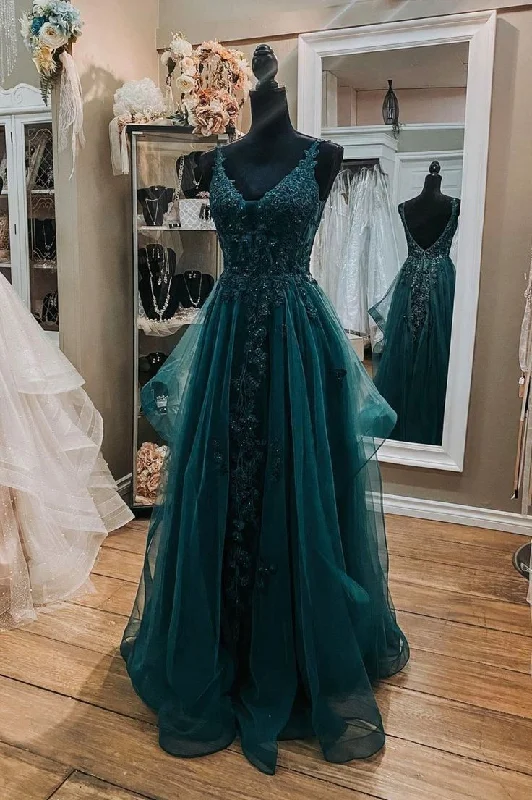 illusion neckline evening dress-Green Tulle Lace Long Prom Dresses, A-Line Formal Evening Dresses      S5199