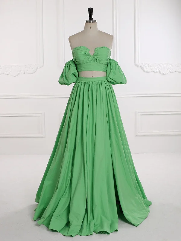 elegant peplum evening dress-Two-Piece Set Green Prom Dress Elastic Waist Tie Back Maternity Dress Photo Shoot Dress YW231155