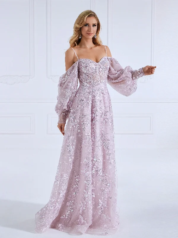 beaded evening dress-High Quality Sequin Embroidery Pattern Prom Dresses A-Line Princess Long Sleeevs Floor-Length Dress #0330