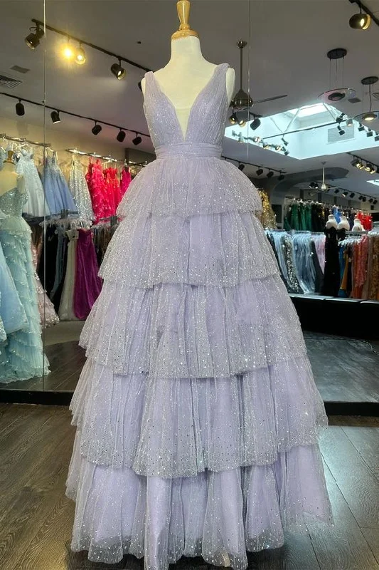 sequined formal evening dress-Lavender Tulle Sequin V-Neck Ruffle Tiered Long Prom Dress      S5192