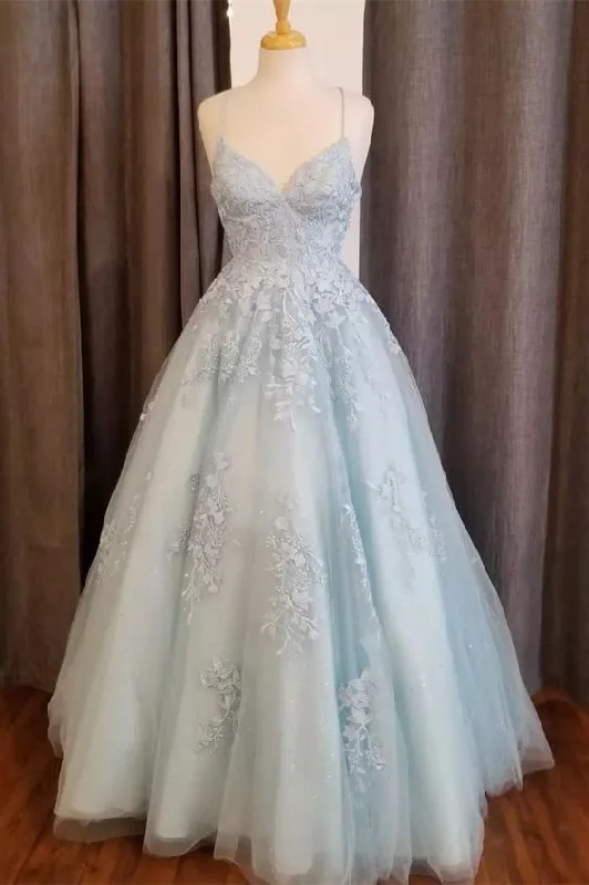 empire waist evening dress-Light Blue Straps Appliques Tulle A-line Long Prom Dress        S3698