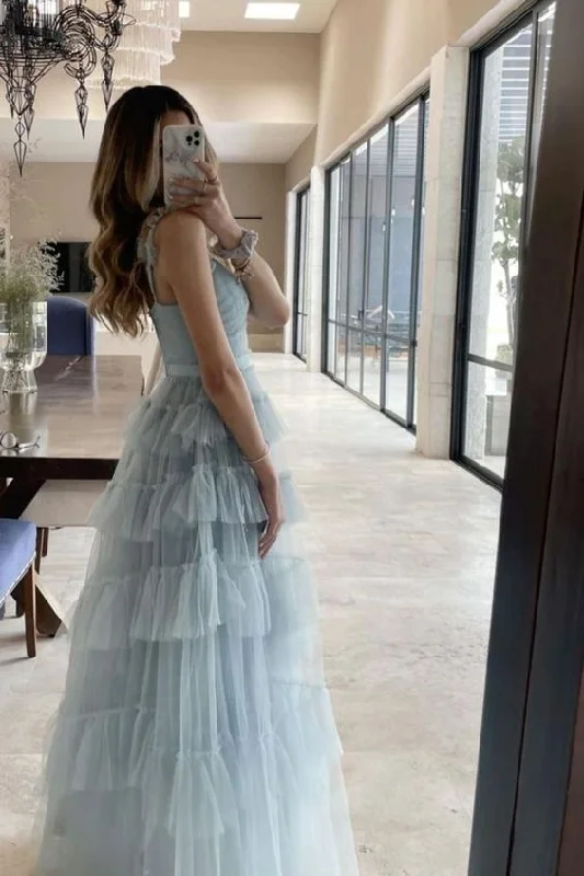 evening dress with ruffles-Light Blue Tulle Layered Long Prom Dress Elegant Evening Dress     S5160