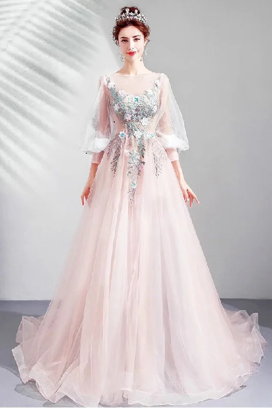 mermaid evening gown-Light Pink Long Sleeves Tulle Prom Dress Princess Evening Gown with Lace     S5145