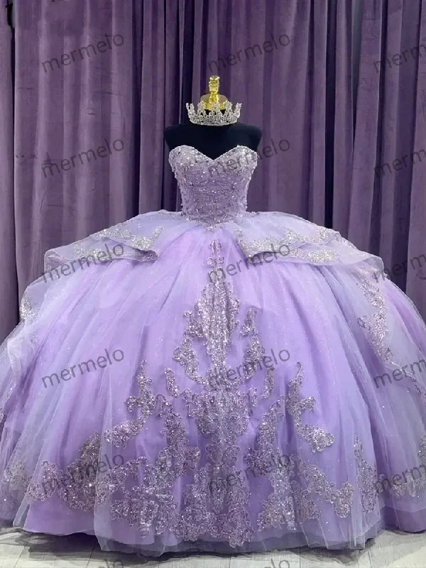 evening dress with feather accents-Lilac Quinceanera Dress Sequined Appliques Lace Ruffles Ball Gown Sweet 16 Dresses