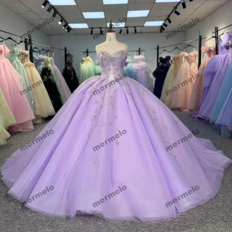 evening dress with blouson top-Lilac Sweet 16 Ball Gown Quinnceanera Dresses Sparkly Tulle Beading