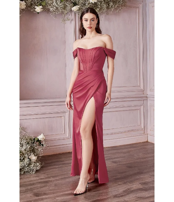 deep V-neck evening dress-Cinderella Divine  Lipstick Divine Satin Corset Off-Shoulder Prom Dress