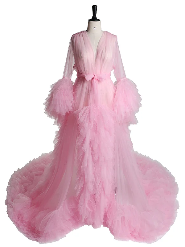 evening dress with feather accents-Long Sleeve Maternity Dress for Photo Shoot Ruffled Tulle V Neck Party Evening Dress