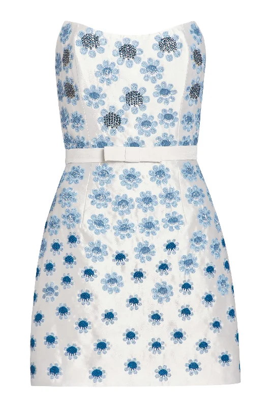 evening dress for black-tie events-Lulu White Silk Mini Dress With Blue Daisy Beading