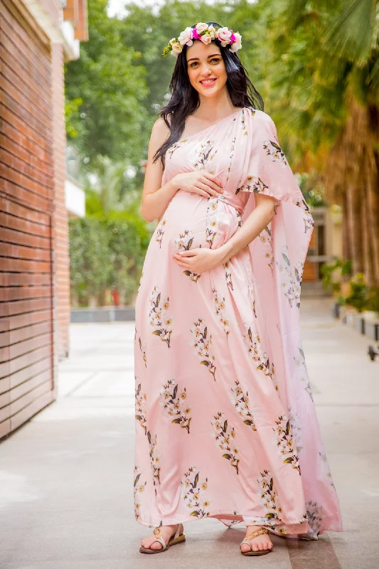 evening dress with floral lace-Luxe Carnation Pink One Shoulder Floral Maternity Gown