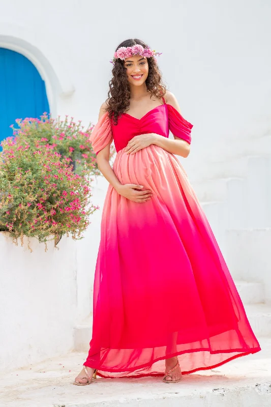 evening dress with fringe-Luxe Graceful Flamingo Off-Shoulder Maternity Photoshoot Gown