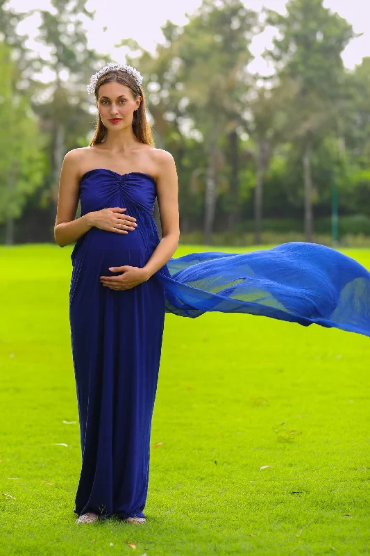 scalloped hem evening dress-Luxe Royal Blue Off-Shoulder Trail Maternity Photoshoot Gown