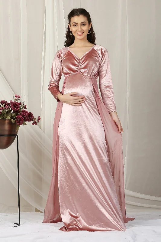 evening dress with blouson top-Luxe Sage Pink Trail Maternity Photoshoot Gown