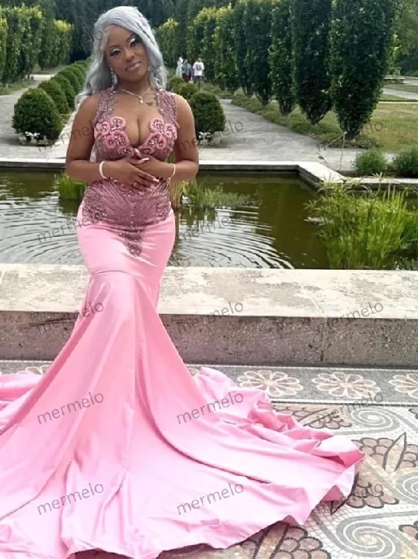 evening gown with sheer overlay-Luxury Glitter Pink Mermaid Prom Dress For Black Girls Silver Crystal